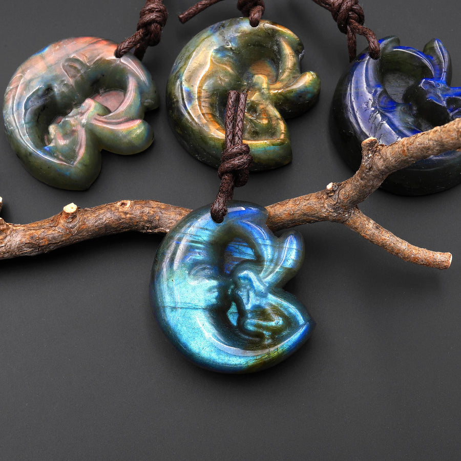 AAA Fiery Hand Carved Natural Labradorite Moon Fairy Pendant Gemstone