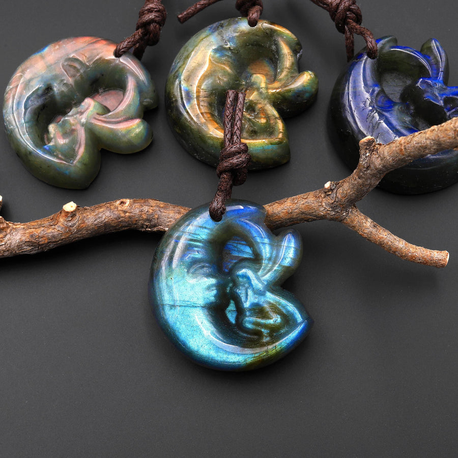 AAA Fiery Hand Carved Natural Labradorite Moon Fairy Pendant Gemstone A1