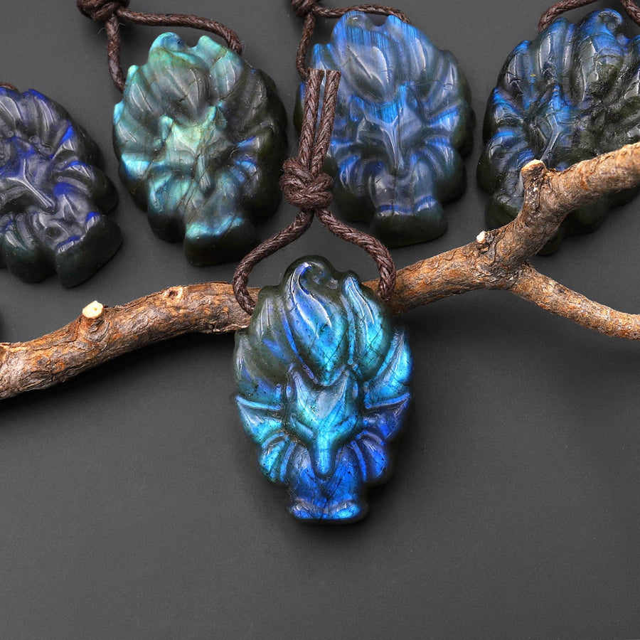 AAA Hand Carved Natural Nine-Tailed Fox Labradorite Pendant Side Drilled Gemstone PDT0879 A3