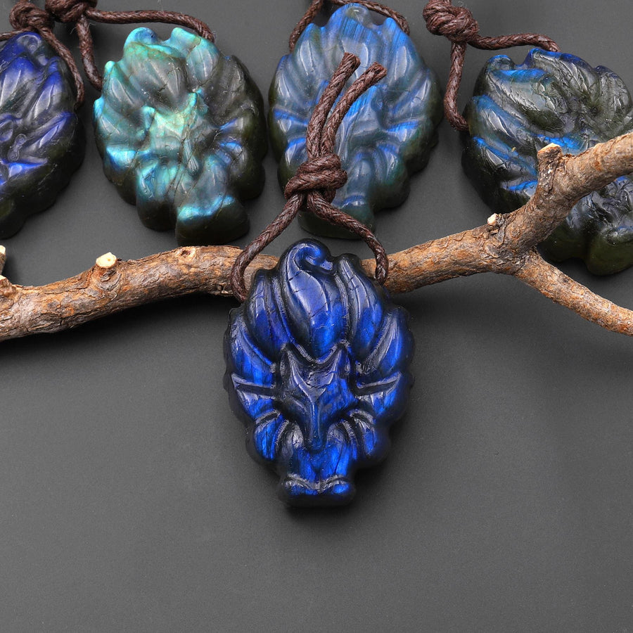 AAA Hand Carved Natural Nine-Tailed Fox Labradorite Pendant Side Drilled Gemstone PDT0879 A4