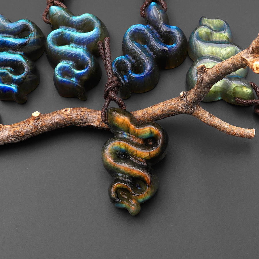 AAA Hand Carved Natural Golden Blue Green Labradorite Snake Pendant Side Drilled Gemstone