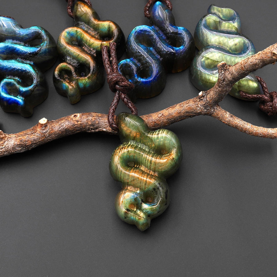 AAA Hand Carved Natural Golden Blue Green Labradorite Snake Pendant Side Drilled Gemstone A6