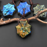 AAA Hand Carved Natural Golden Blue Green Labradorite Spider Web Pendant Side Drilled Gemstone
