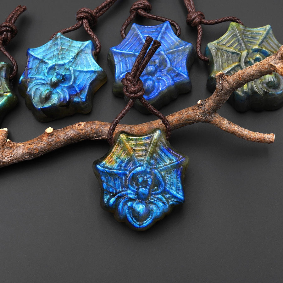 AAA Hand Carved Natural Golden Blue Green Labradorite Spider Web Pendant Side Drilled Gemstone A1