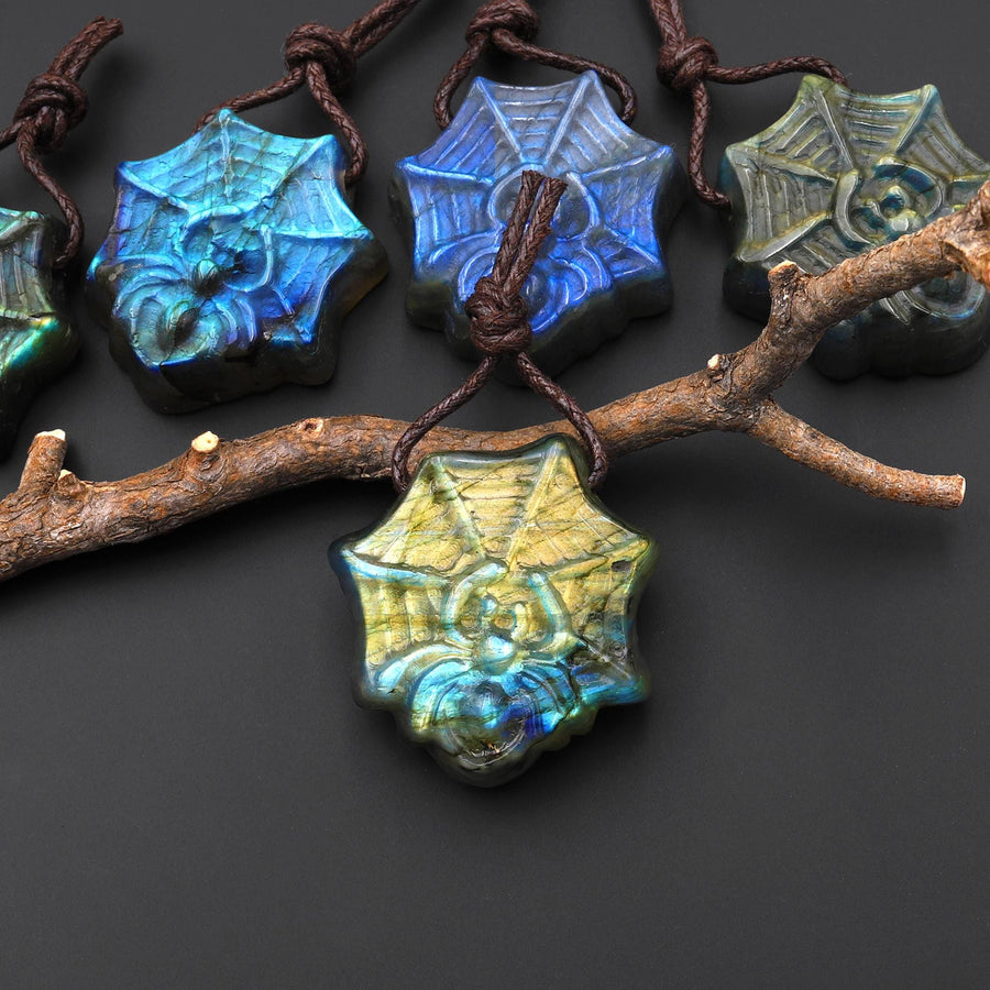 AAA Hand Carved Natural Golden Blue Green Labradorite Spider Web Pendant Side Drilled Gemstone A10
