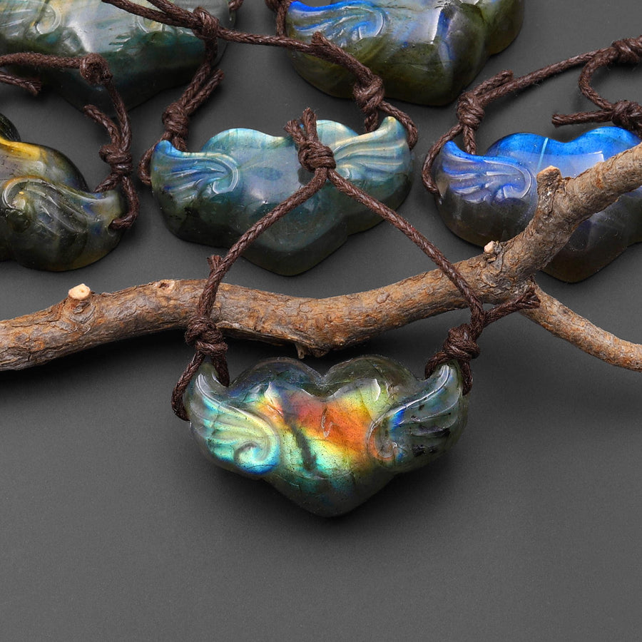 AAA 2 Two Hole Side Drilled Pendant Hand Carved Natural Labradorite Angel Wing Heart Drilled Gemstone Focal Bead PDT0881
