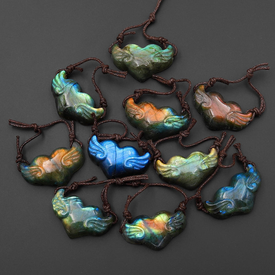 AAA 2 Two Hole Side Drilled Pendant Hand Carved Natural Labradorite Angel Wing Heart Drilled Gemstone Focal Bead PDT0881
