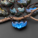 AAA 2 Two Hole Side Drilled Pendant Hand Carved Natural Labradorite Angel Wing Heart Drilled Gemstone Focal Bead PDT0881