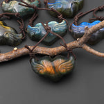 AAA 2 Two Hole Side Drilled Pendant Hand Carved Natural Labradorite Angel Wing Heart Drilled Gemstone Focal Bead PDT0881
