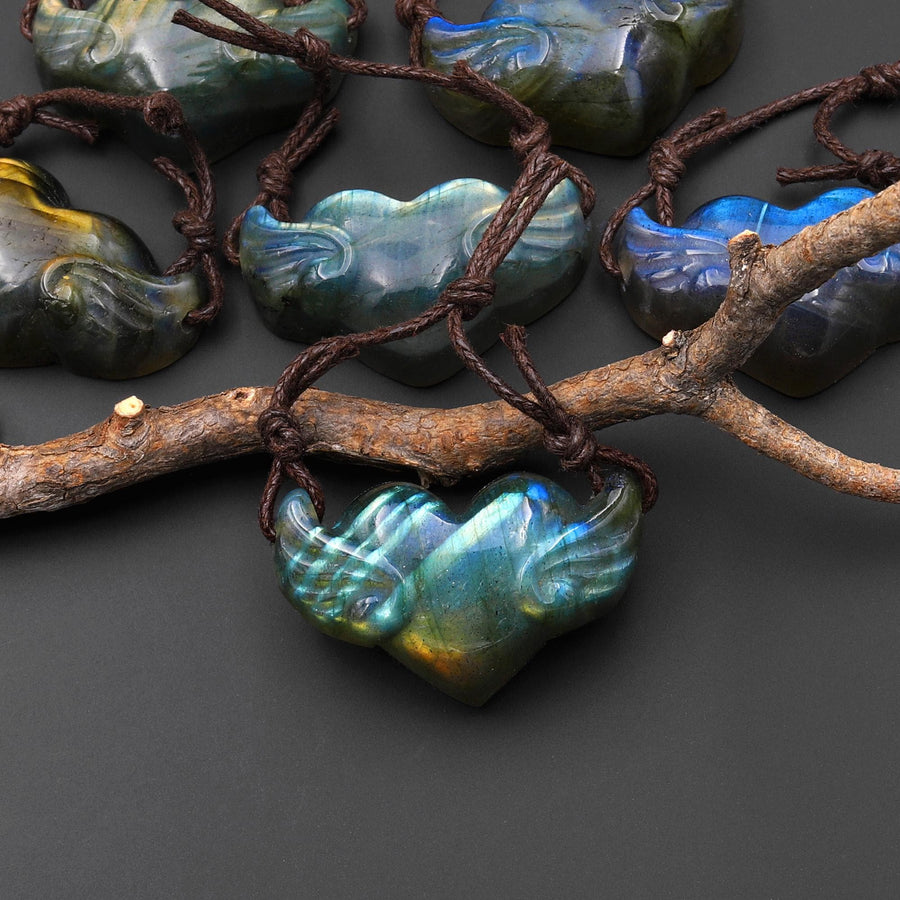 AAA 2 Two Hole Side Drilled Pendant Hand Carved Natural Labradorite Angel Wing Heart Drilled Gemstone Focal Bead PDT0881 A4