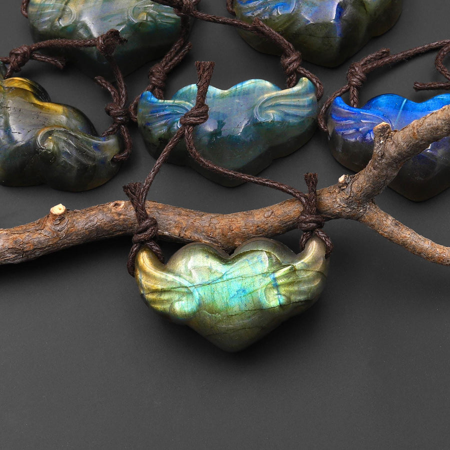 AAA 2 Two Hole Side Drilled Pendant Hand Carved Natural Labradorite Angel Wing Heart Drilled Gemstone Focal Bead PDT0881 A7