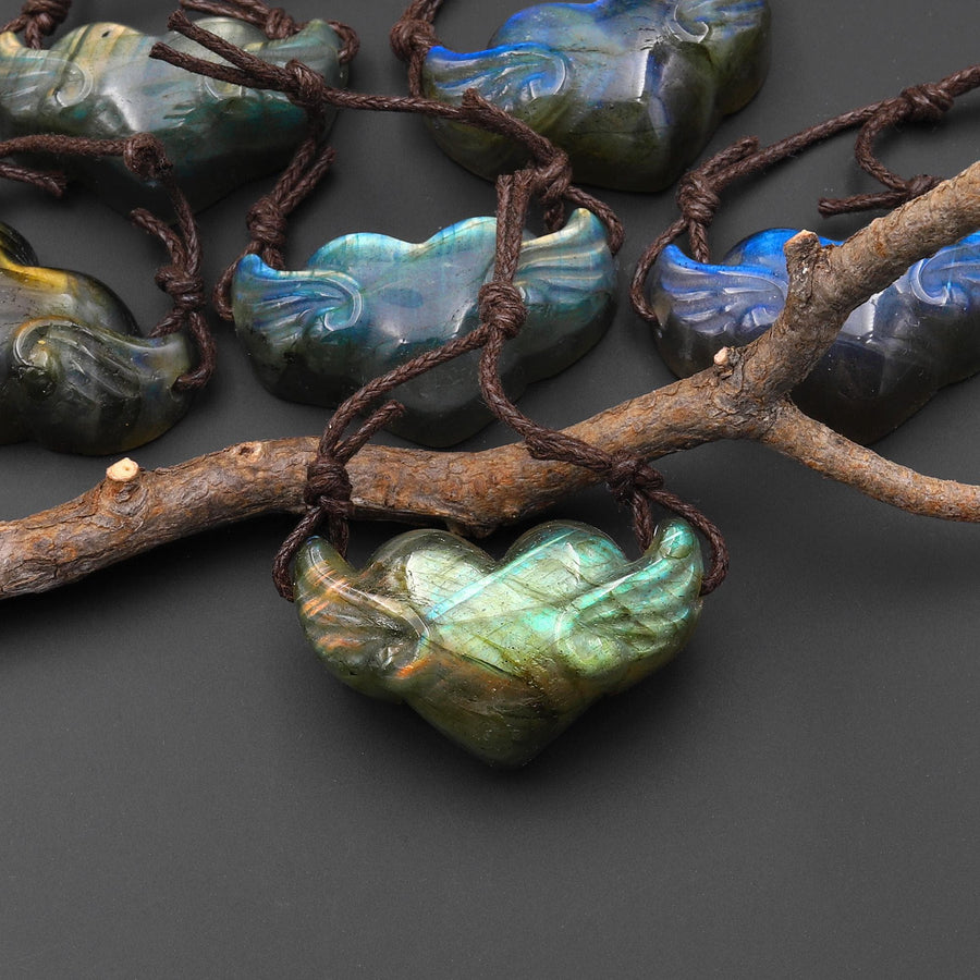 AAA 2 Two Hole Side Drilled Pendant Hand Carved Natural Labradorite Angel Wing Heart Drilled Gemstone Focal Bead PDT0881 A10