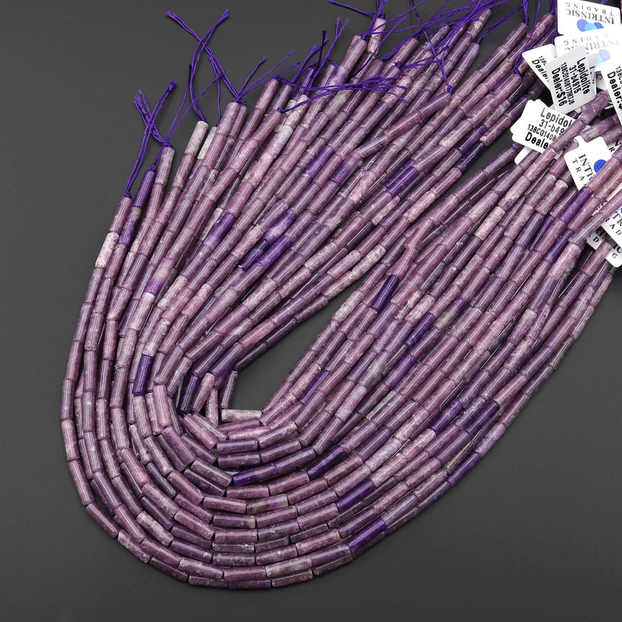 Natural Purple Lepidolite Mica Thin Long Tube Beads 15.5" Strand