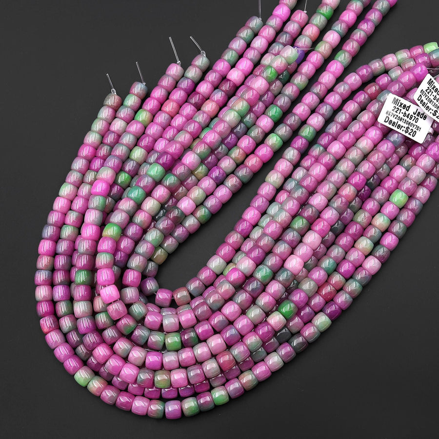 Spring Flower Garden - Mixed-Color Jade 8mm Smooth Short Cylinder Barrel Rondelle Beads 15.5" Strand