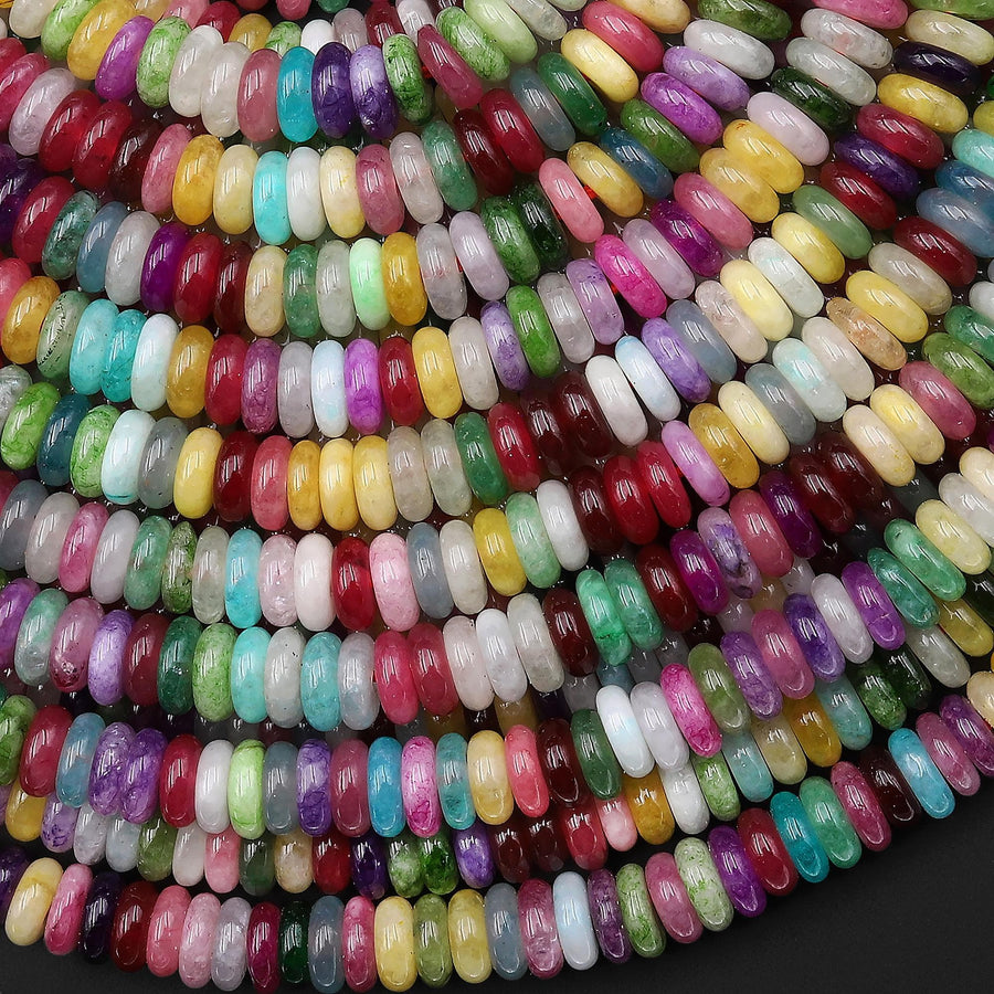 Gemstone Confetti - Mixed Multicolor 6mm Thin Smooth Rondelle Jade Green Pink Lavender Aqua Yellow Burgundy Beads 15.5" Strand