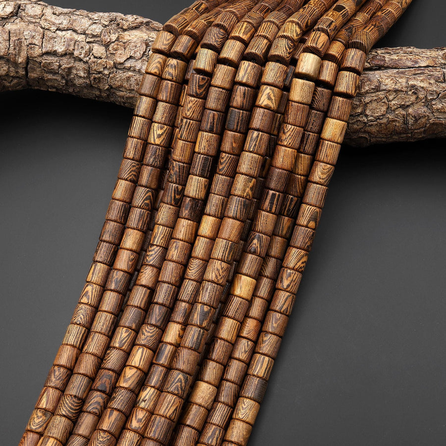 Natural African Wenge Wood Tube Cylinder 6mm 8mm Beads Great For Mala Prayer Meditation Therapy 15.5" Strand