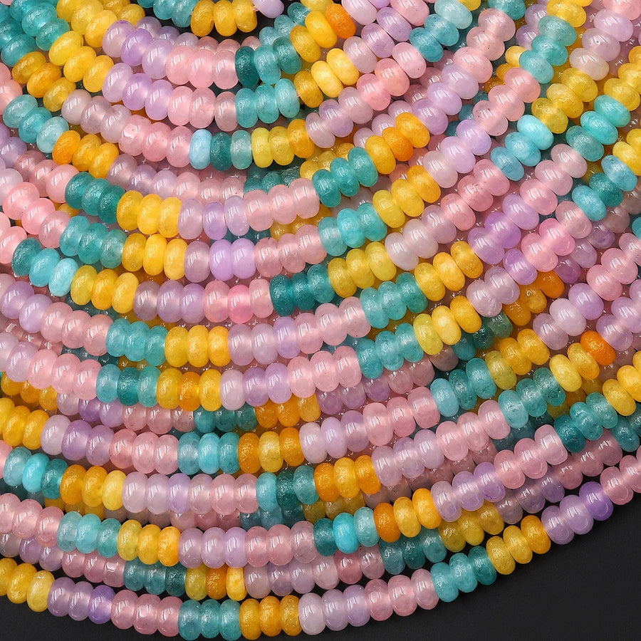 Pastel Confetti - Mixed Multicolor 4mm Smooth Rondelle Jade Green Pink Lavender Aqua Turquoise Blue Yellow Beads 15.5" Strand