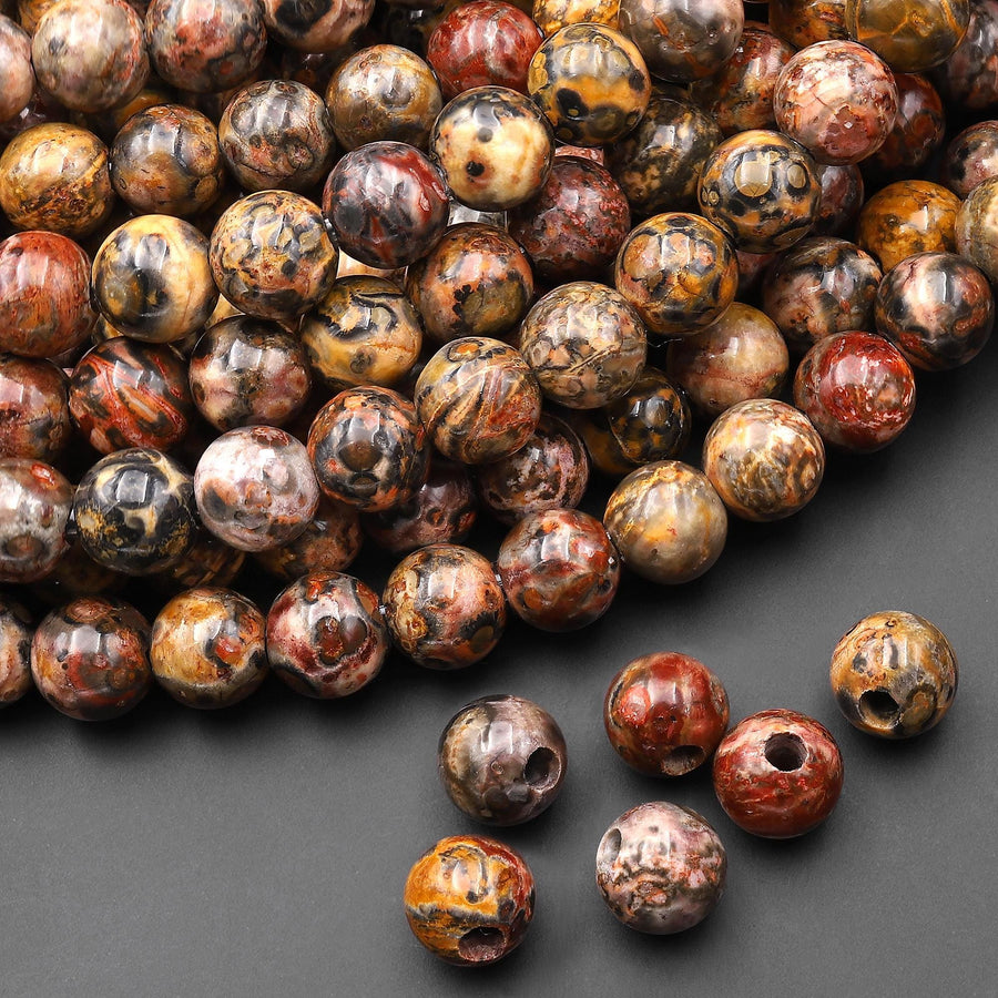 AAA Large Hole Beads 2.5mm Drill Natural Leopard Skin Jasper 8mm Round Beads 8" Strand