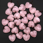 AAA Hand Carved Natural Pink Rose Quartz Heart Shaped Leaf Pendant Drilled Gemstone