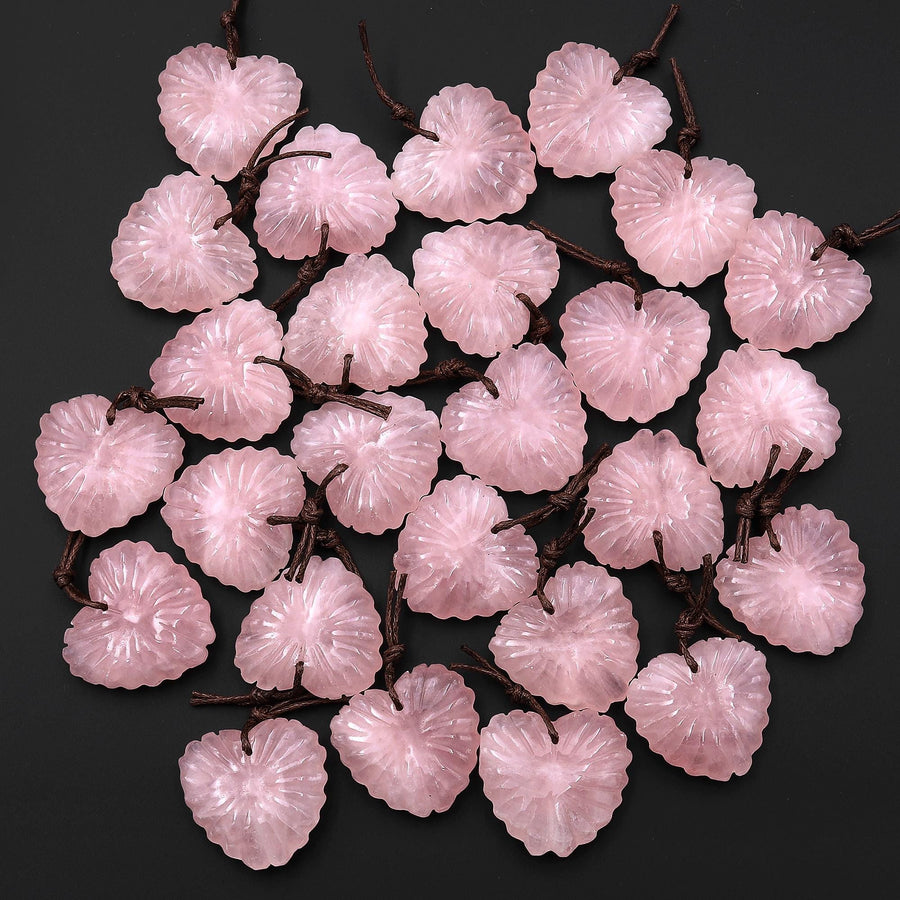 AAA Hand Carved Natural Pink Rose Quartz Heart Shaped Leaf Pendant Drilled Gemstone