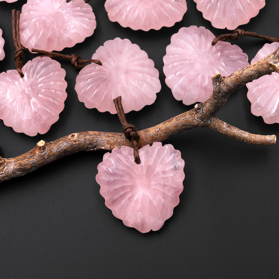 AAA Hand Carved Natural Pink Rose Quartz Heart Shaped Leaf Pendant Drilled Gemstone A1