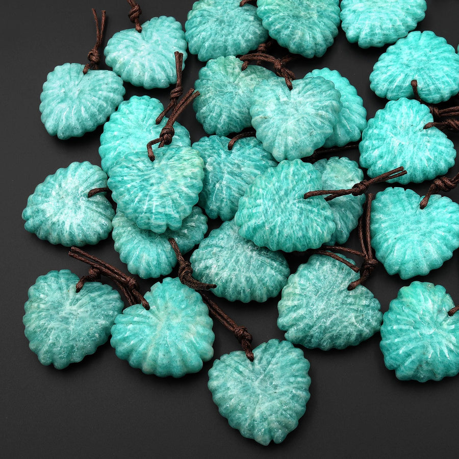 AAA Hand Carved Natural Aqua Blue Green Russian Amazonite Heart Shaped Leaf Pendant Drilled Gemstone