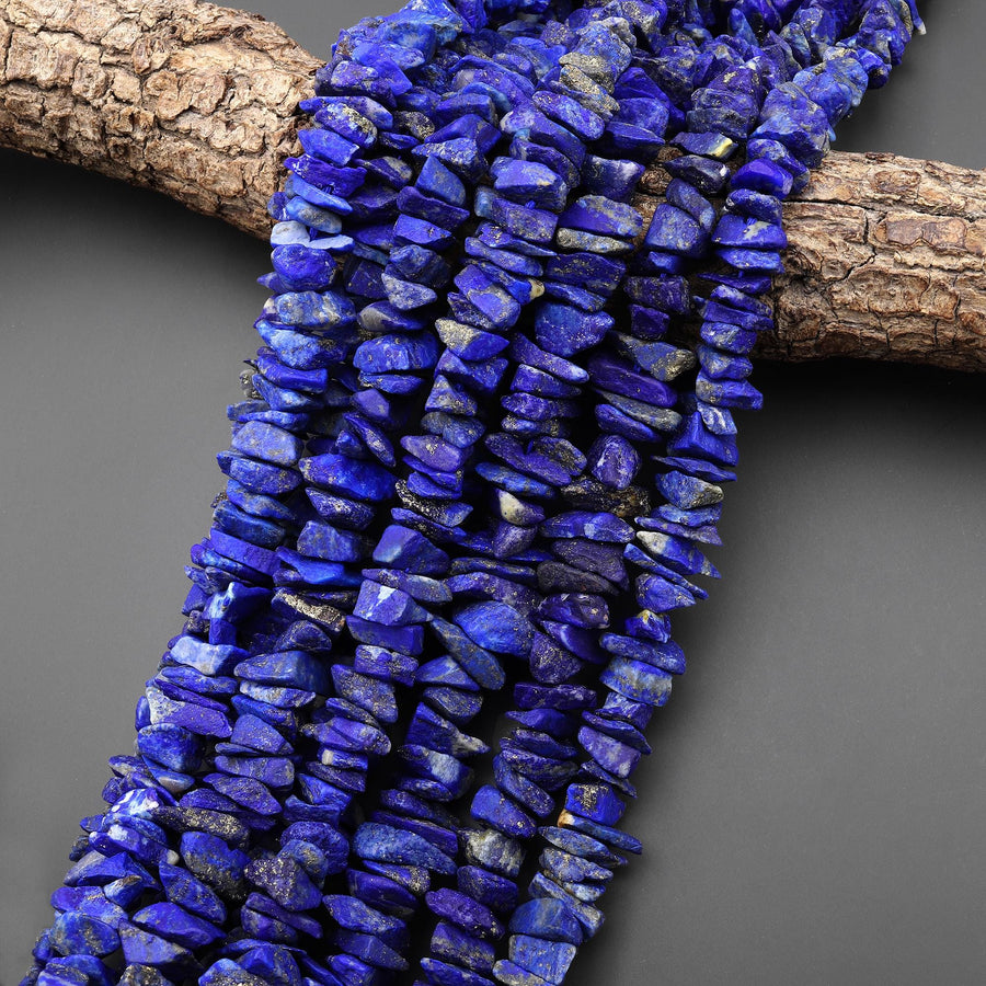 Natural Raw Blue Lapis Lazuli Hand Hammered Freeform Irregular Organic Chip Spike Beads 16.5" Strand B1702