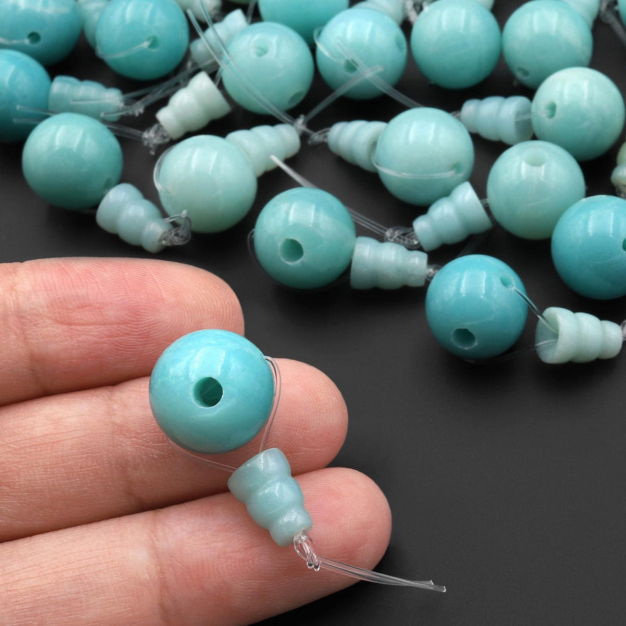 AAA Large 12mm Natural Gemstone Guru Blue Amazonite Beads Three Holes T-Beads Mala Making 3 Holes Prayer Beads Cones