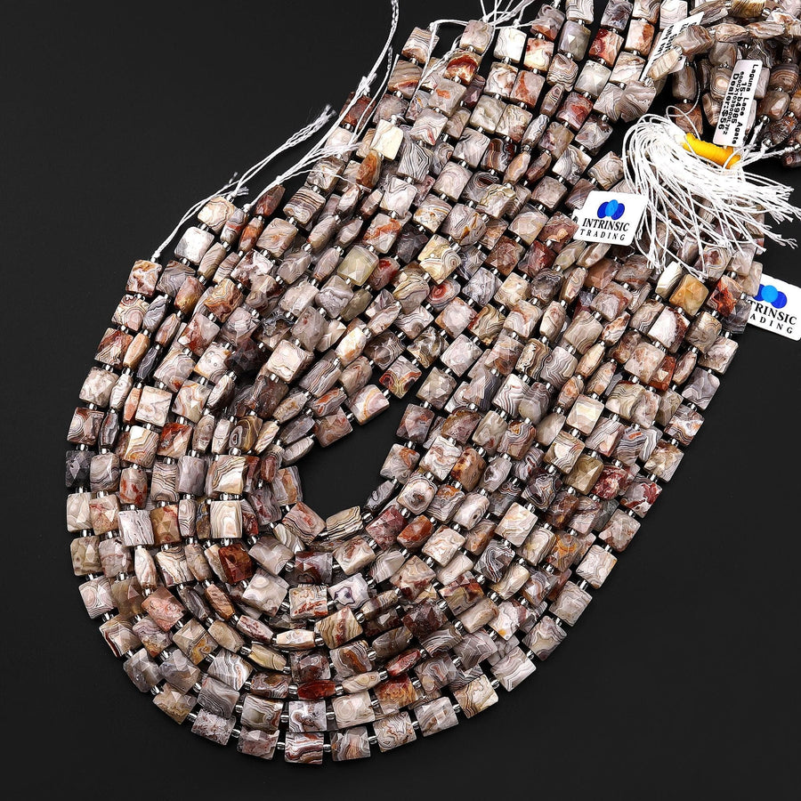 Faceted Natural Laguna Lace Agate Rectangle Cushion 8x10mm Beads 15.5" Strand