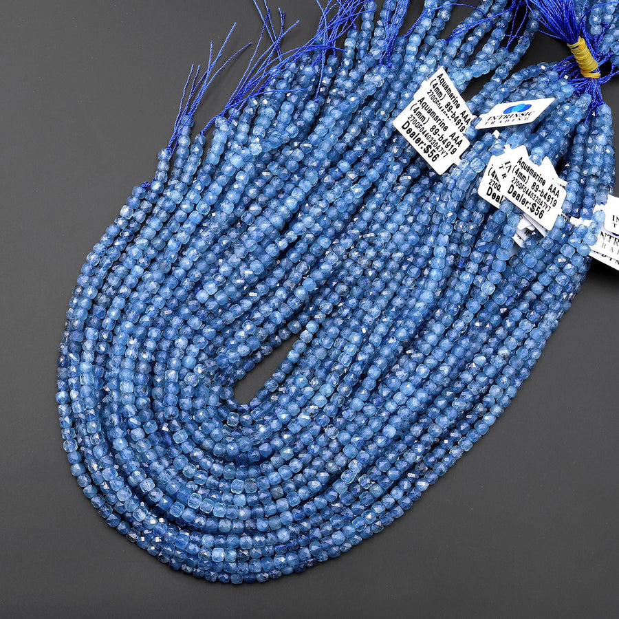 AAA Translucent Natural Santa Maria Blue Aquamarine Faceted 4mm Cube Dice Beads Birthstone Gemstone 15.5" Strand B4919