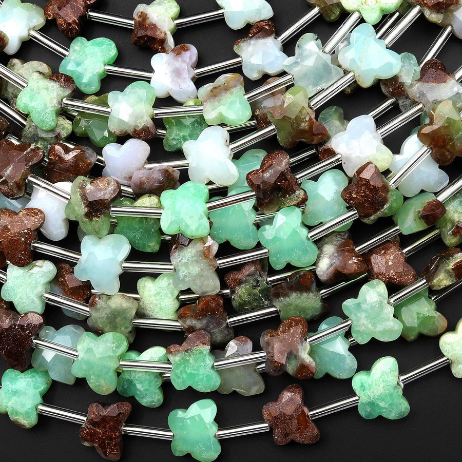 Faceted Natural Australian Green Brown Chrysoprase Butterfly Beads 10mm Carved Gemstone 15.5" Strand