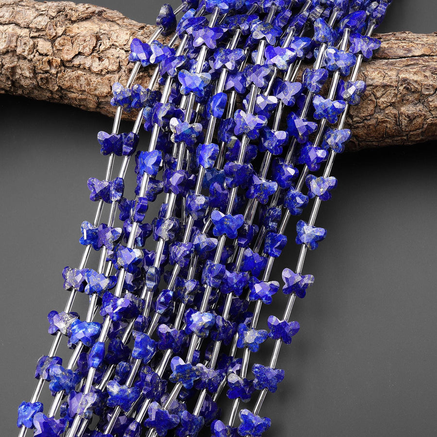 Faceted Natural Blue Lapis Butterfly Beads 10mm Carved Gemstone 15.5" Strand