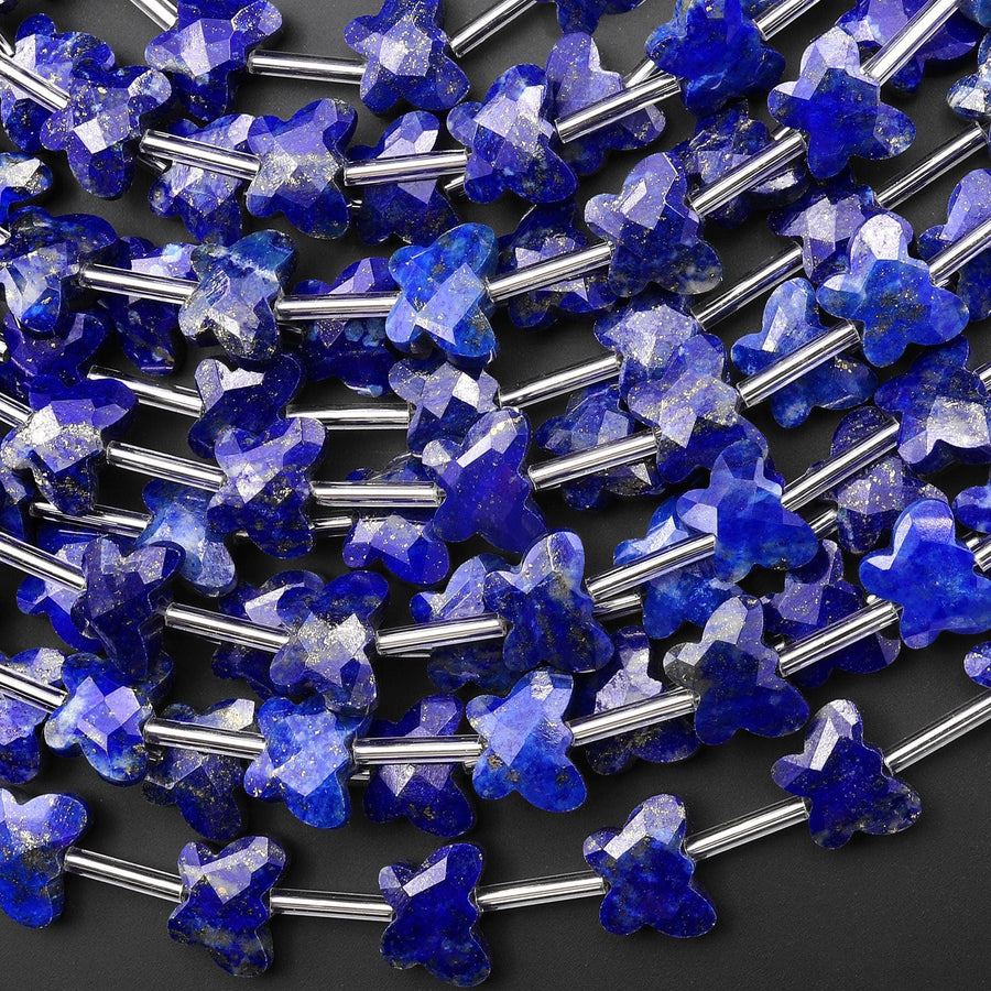 Faceted Natural Blue Lapis Butterfly Beads 10mm Carved Gemstone 15.5" Strand