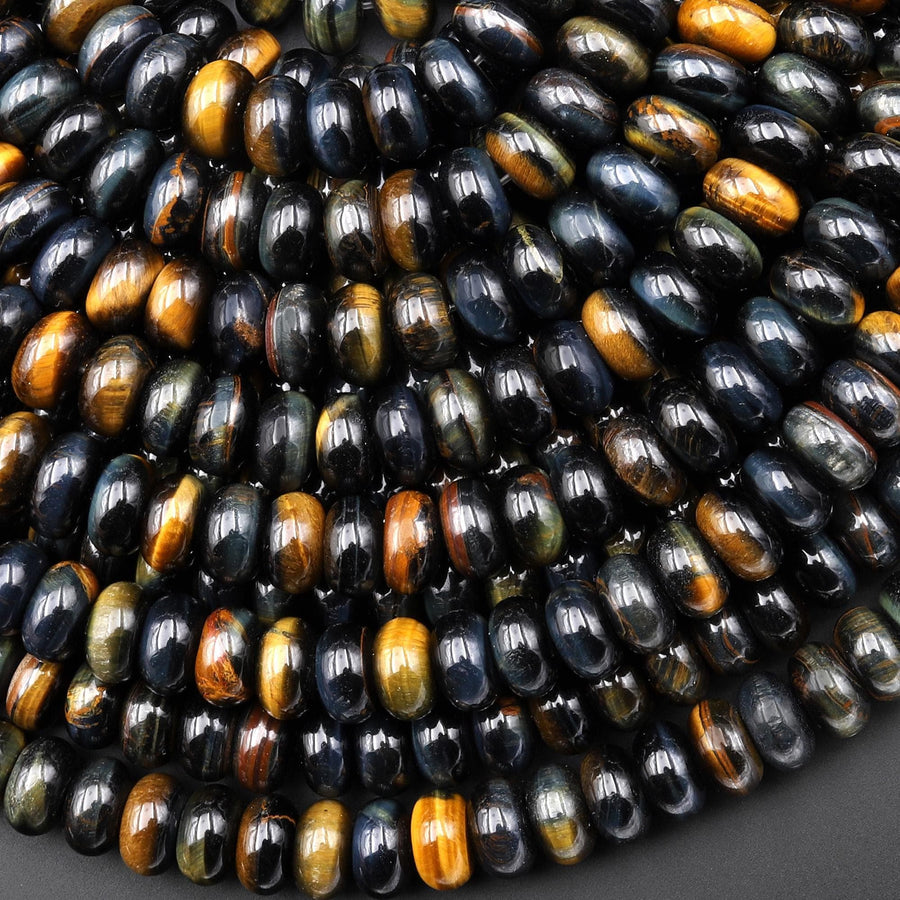 AAA Natural Blue Golden Brown Tiger's Eye Beads 8mm Smooth Rondelle 15.5" Strand