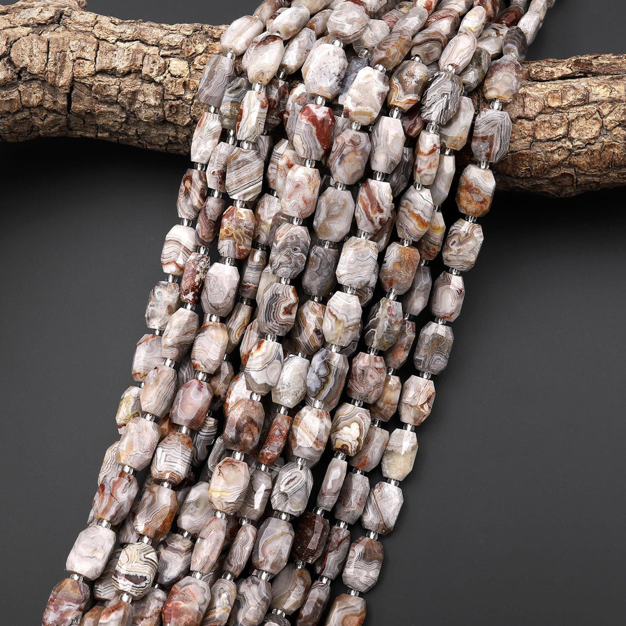 Faceted Natural Laguna Lace Agate Rectangle Octagon 8x14mm Beads 15.5" Strand