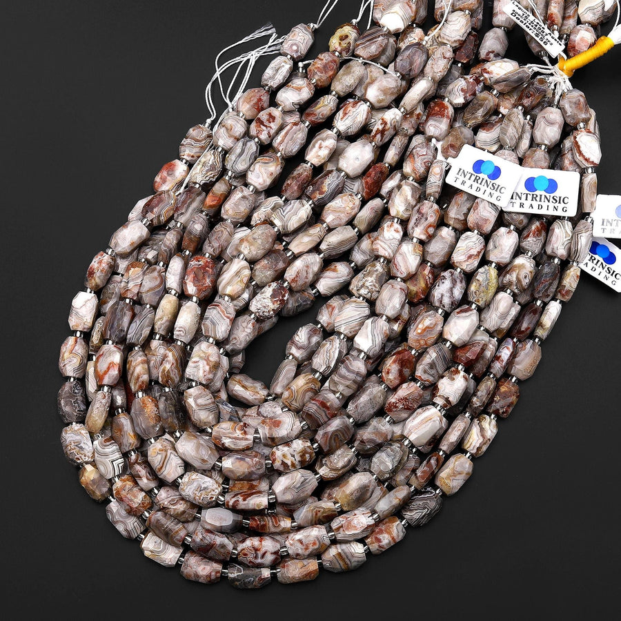 Faceted Natural Laguna Lace Agate Rectangle Octagon 8x14mm Beads 15.5" Strand