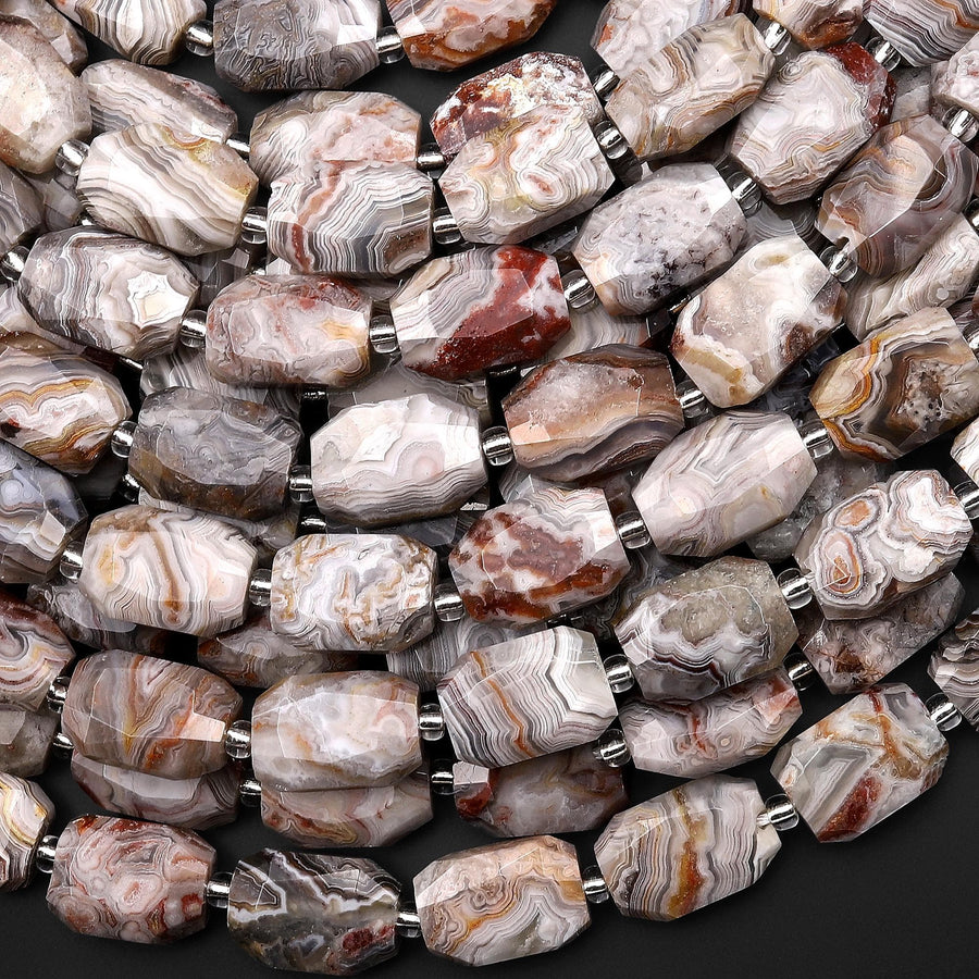 Faceted Natural Laguna Lace Agate Rectangle Octagon 8x14mm Beads 15.5" Strand