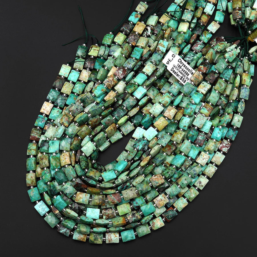 Faceted Natural Chrysocolla Rectangle Cushion 8x10mm Beads 15.5" Strand