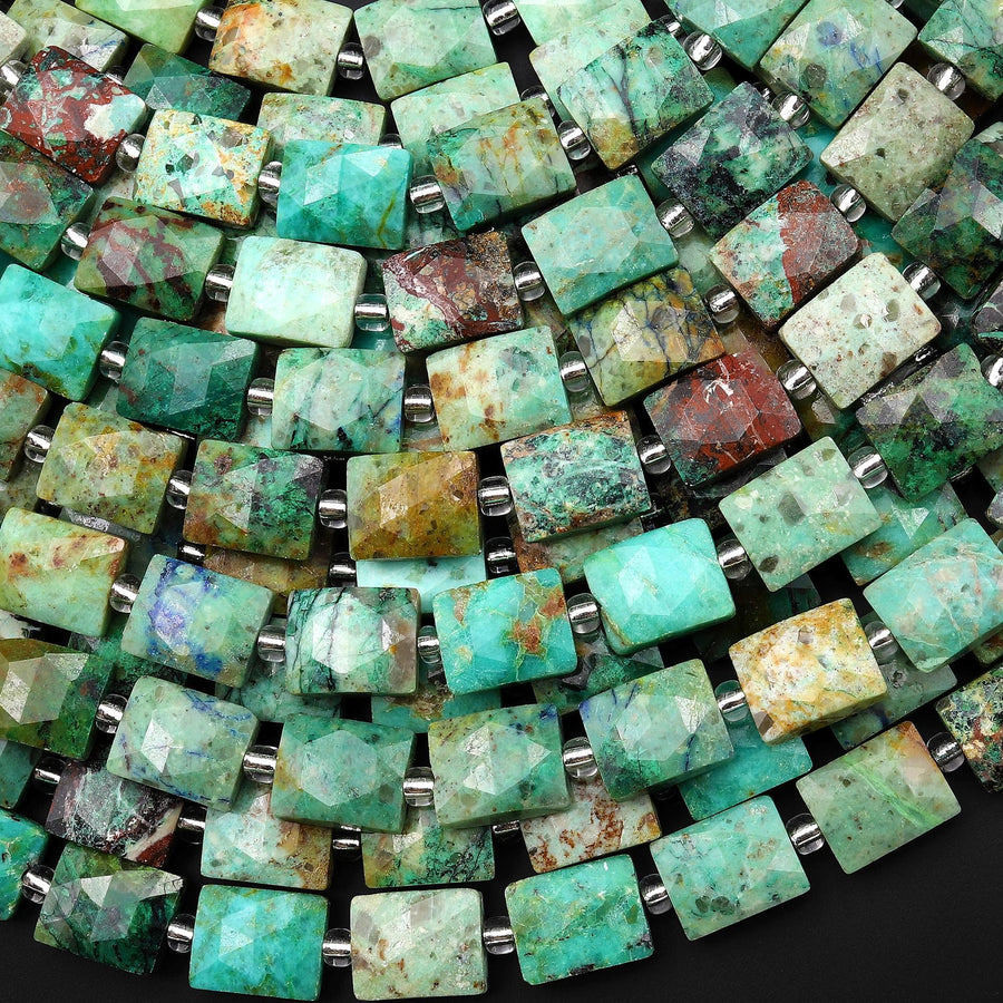Faceted Natural Chrysocolla Rectangle Cushion 8x10mm Beads 15.5" Strand