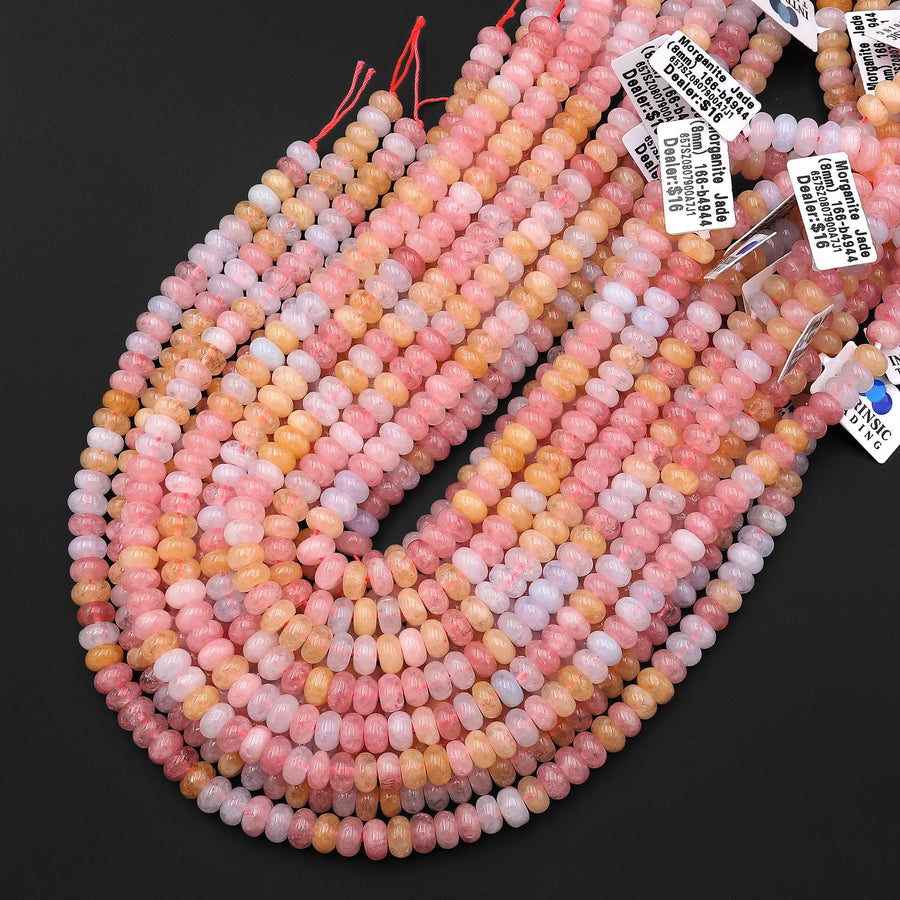 Cherry Blossom Dawn - Multi-Color Aquamarine Morganite Jade Rondelle 6mm 8mm Beads 15.5" Strand