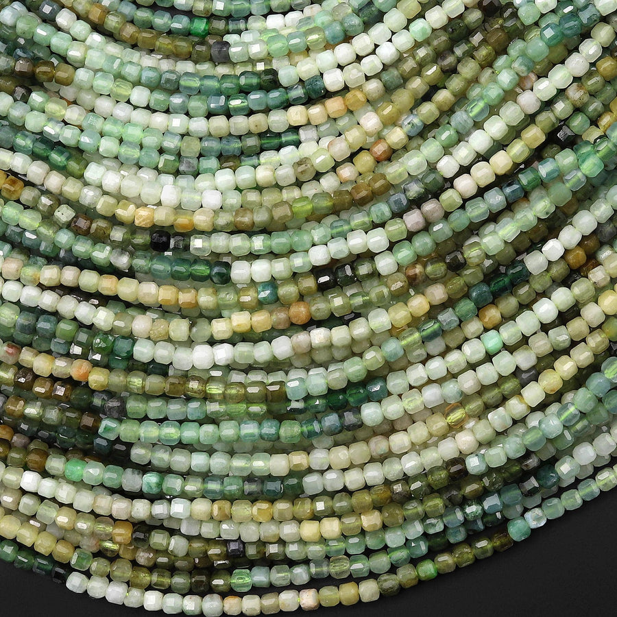Faceted Natural Multicolor Yellow Green Jadeite 2mm Cube Beads Ombre Gemstone 15.5" Strand