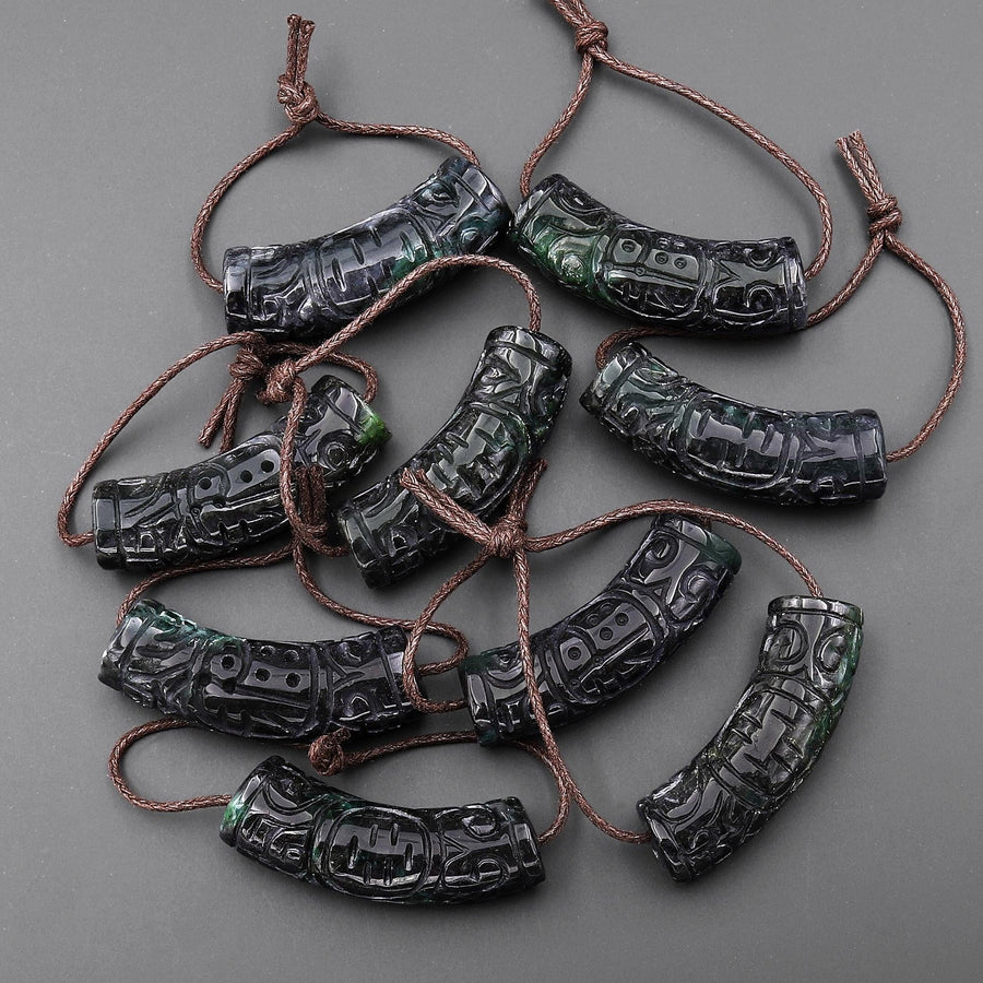 Hand Carved Natural Black Green Guatemalan Jade Curved Crescent Arc Pendant