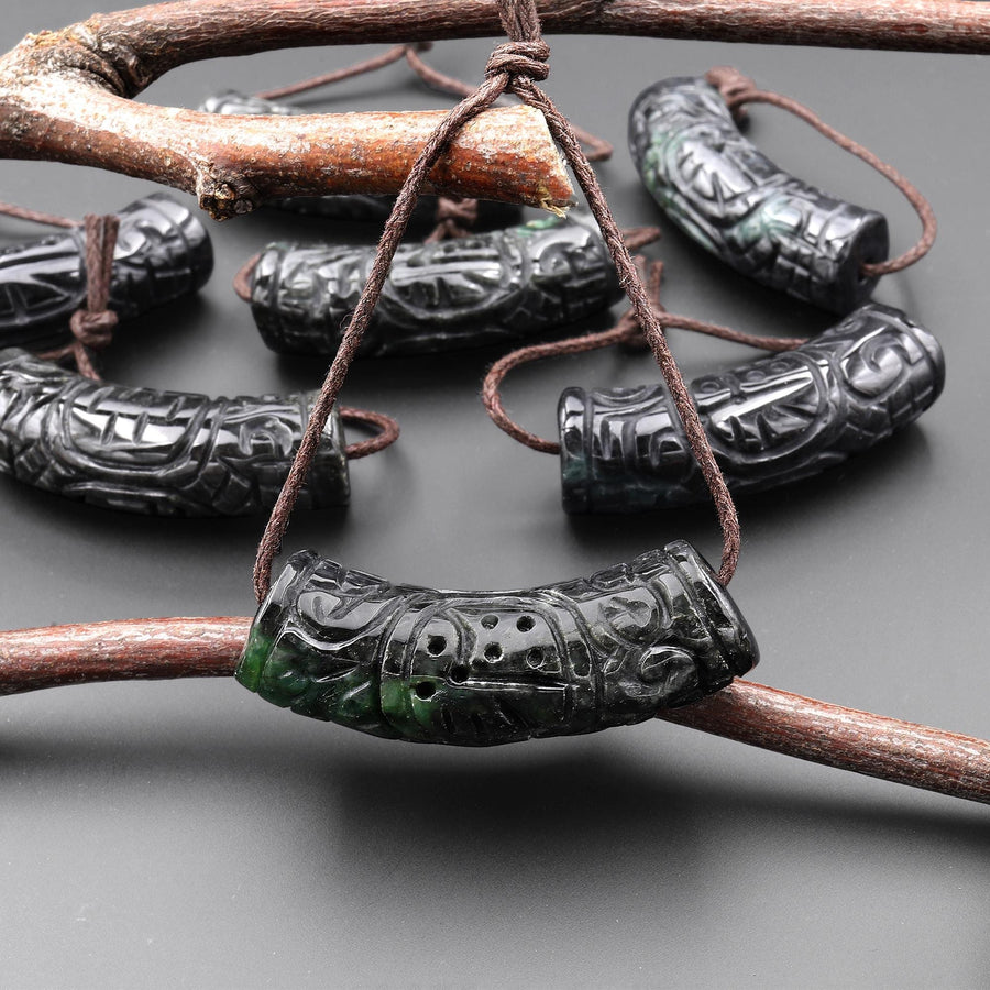 Hand Carved Natural Black Green Guatemalan Jade Curved Crescent Arc Pendant A2