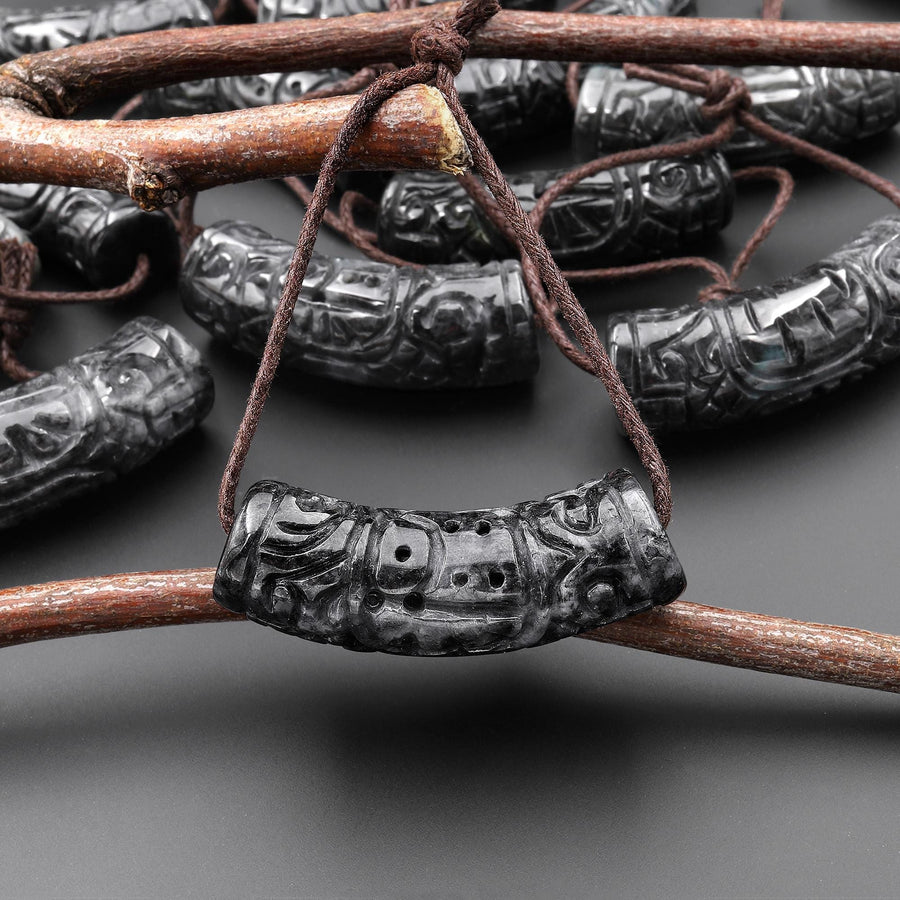 Hand Carved Natural Smoky Dark Gray Guatemalan Jade Curved Crescent Arc Pendant