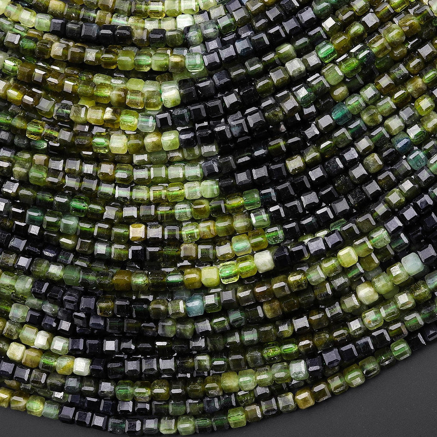 Natural Green Tourmaline Faceted 3mm Cube Ombre Beads Ombre Gemstone 15.5" Strand