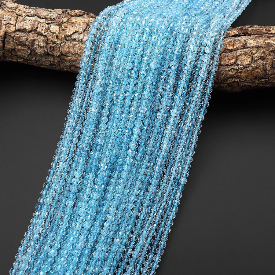 AAA Faceted Natural Blue Topaz Round Beads Gemstone 15.5" Strand