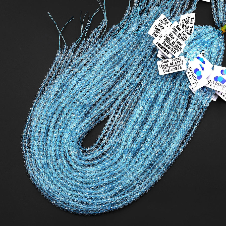 AAA Faceted Natural Blue Topaz Round Beads Gemstone 15.5" Strand