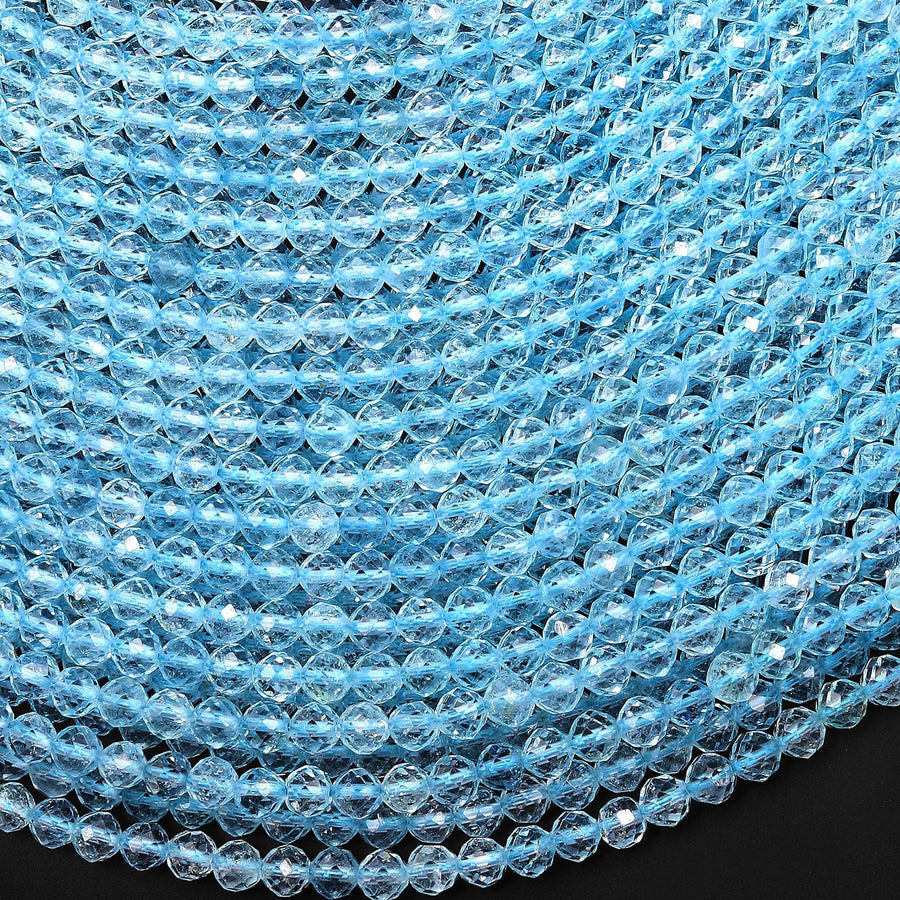 AAA Faceted Natural Blue Topaz Round Beads Gemstone 15.5" Strand