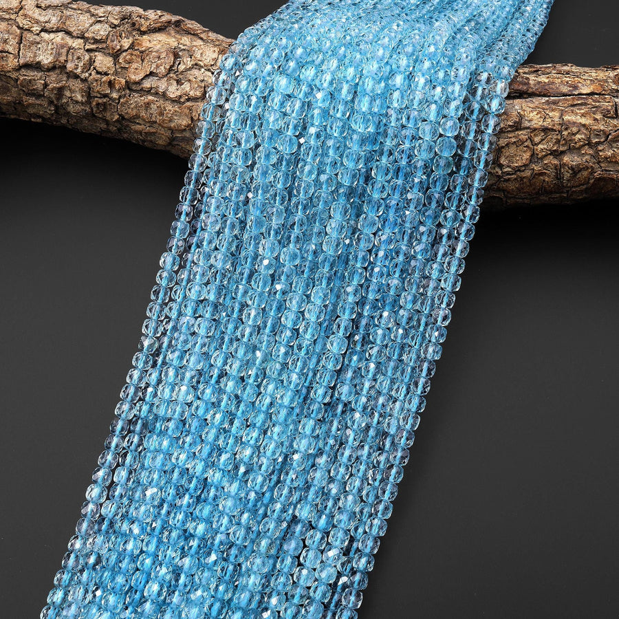 AAA Natural Blue Topaz 4mm Faceted Cube Beads Gemstone 15.5" Strand