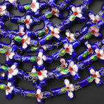Royal Blue Pink Green Cloisonné Cross Bead 12x18mm Decorative Floral 15.5" Strand